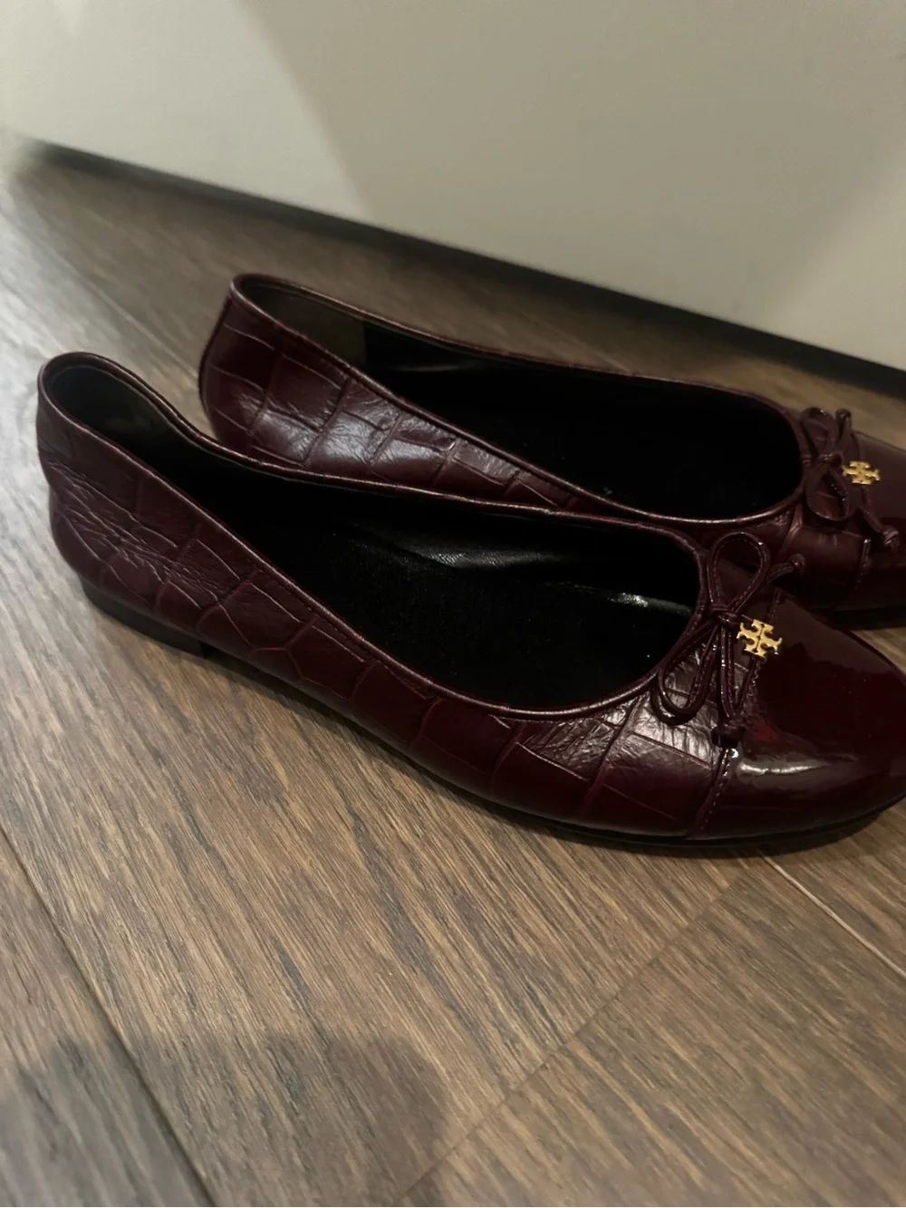 Tory Burch Wine Patent Leather Ballet Flats with Gold Logo